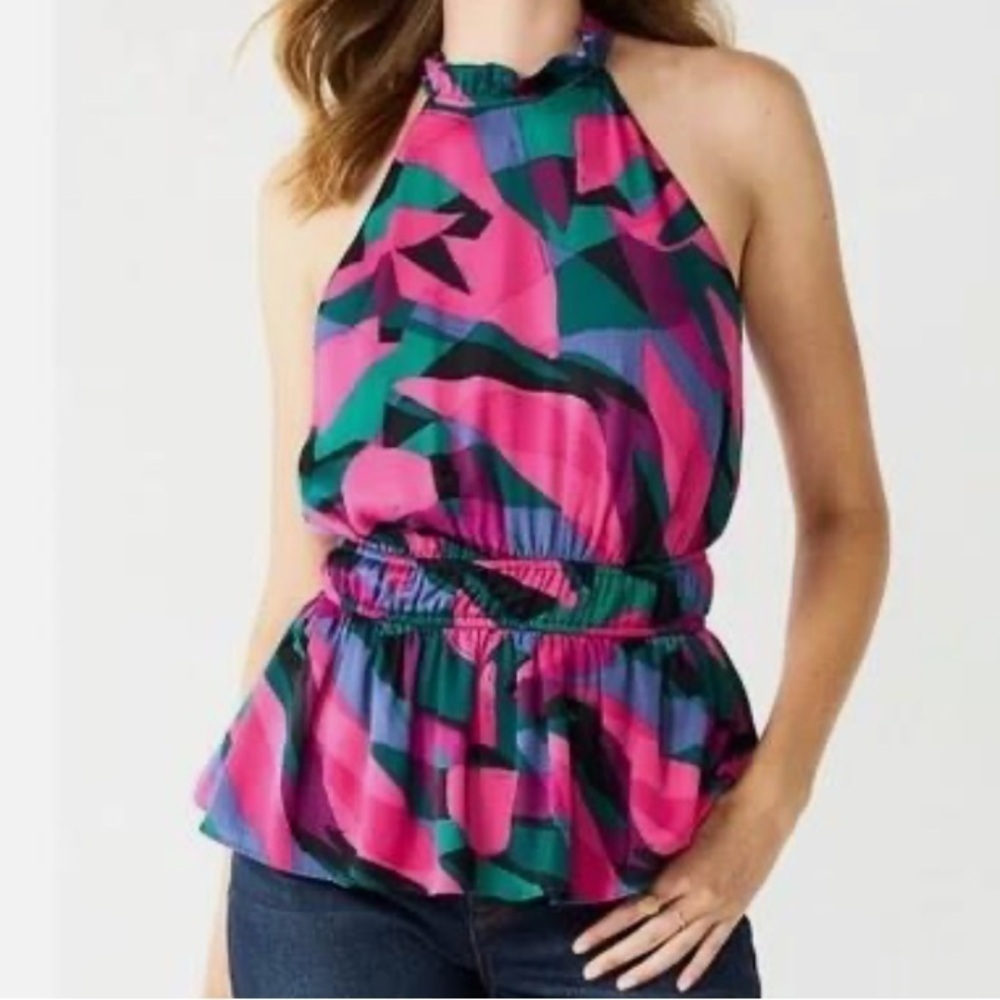 Nine West Sleeveless Pleated Peplum Satin Top Pink Prisms